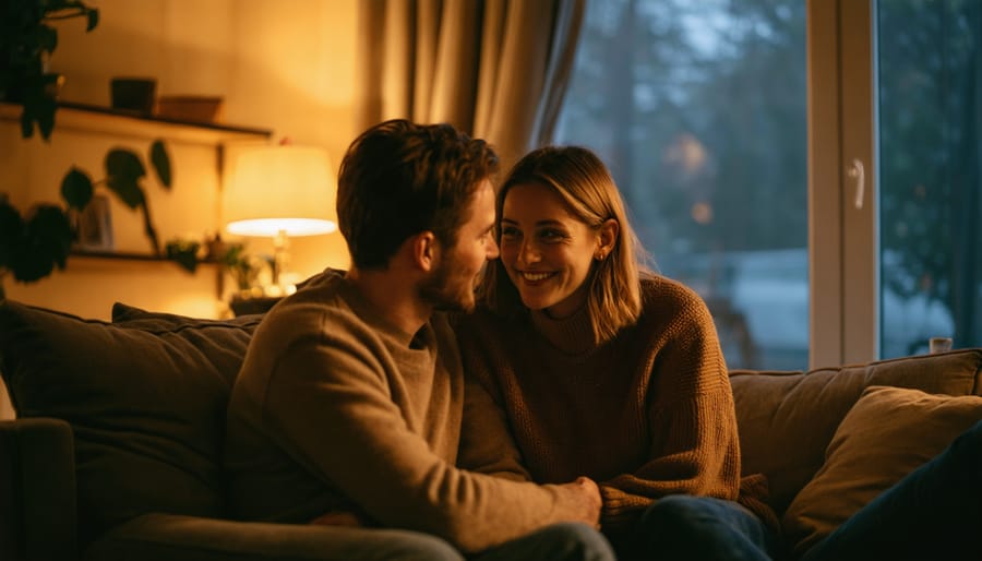 A couple engaged in heartfelt conversation, showing active listening with eye contact and open postures, creating a warm and intimate atmosphere.