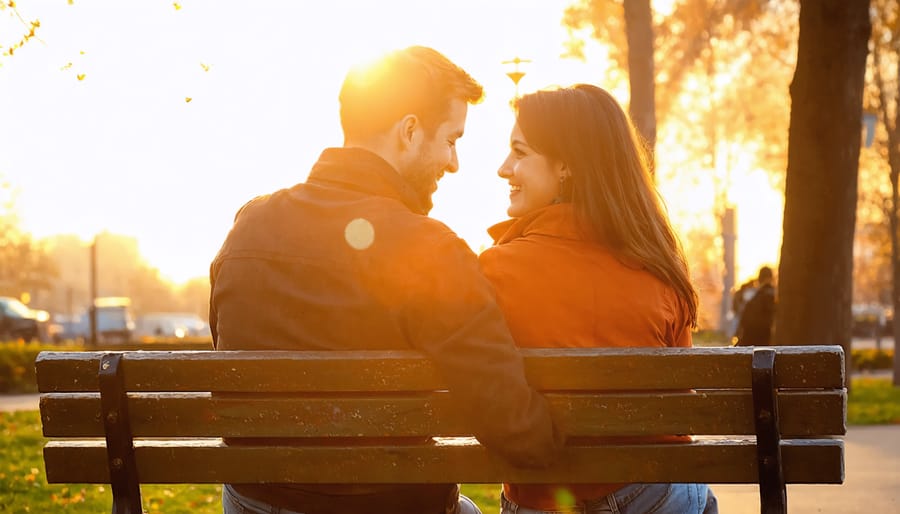 Couple sitting close together on bench during golden hour, engaged in meaningful conversation