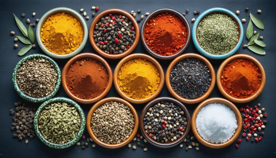 Colorful display of Middle Eastern spice blends including za'atar and baharat in ornate bowls
