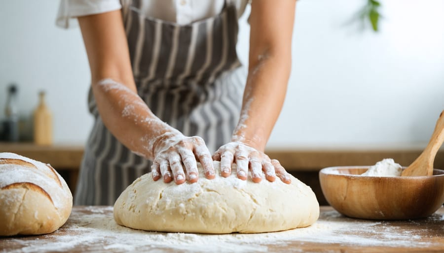 Woman practicing mindful baking while kneading bread dough on a wooden countertop