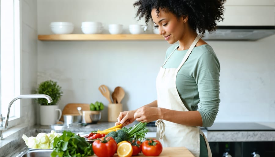 Woman peacefully cooking with fresh ingredients in a sunlit kitchen, focusing on food preparation