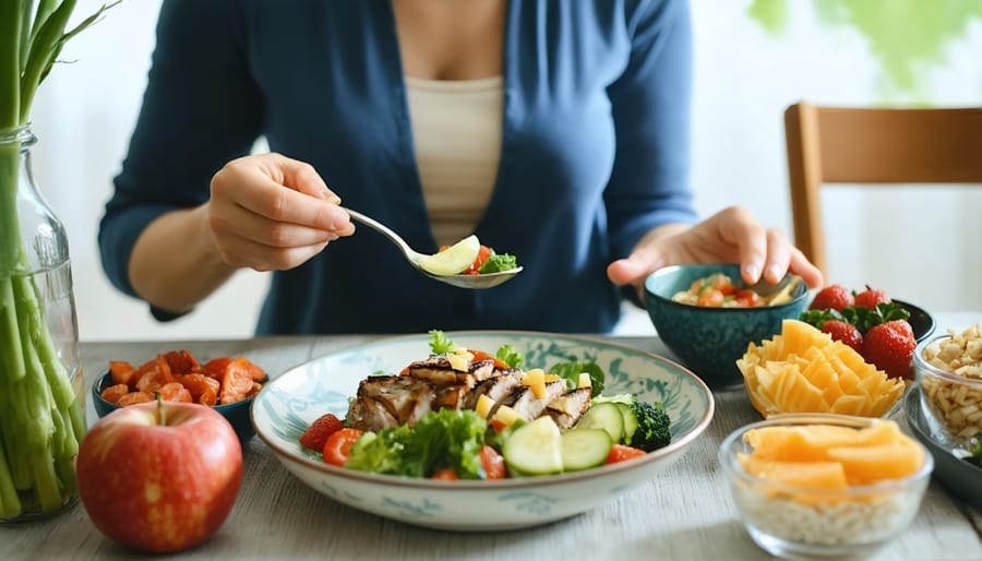 Individual mindfully eating from a beautifully presented healthy plate