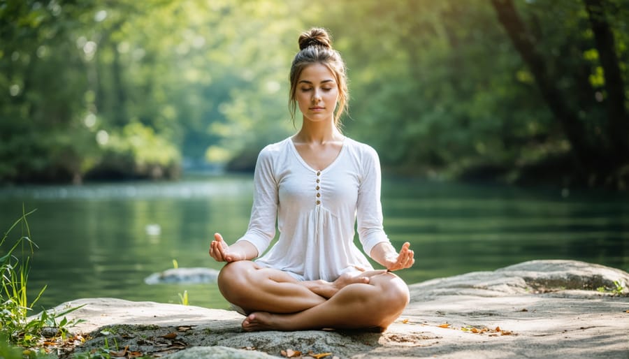 Serene woman sitting cross-legged with eyes closed, meditating outdoors surrounded by nature