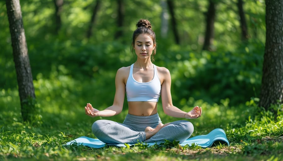 Person in peaceful yoga pose outdoors demonstrating mindful movement practice