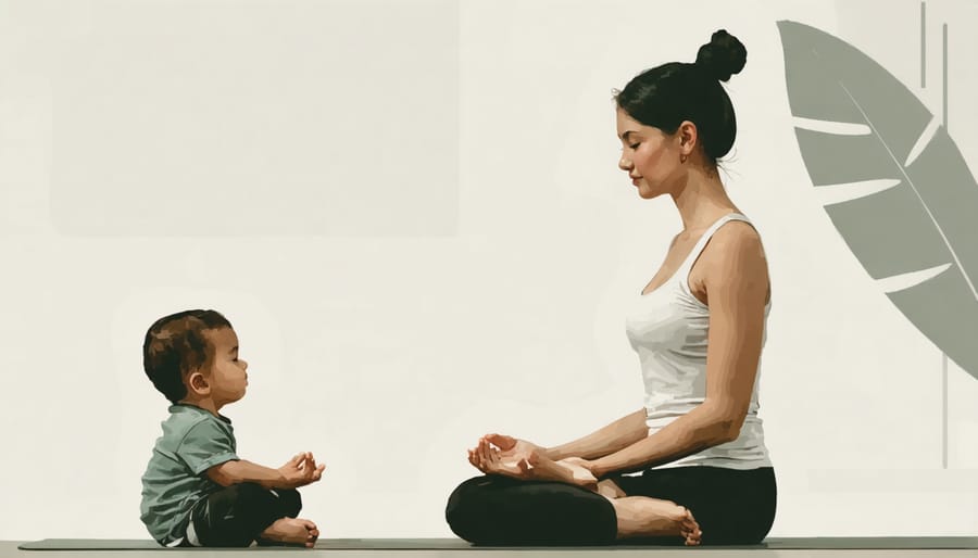 Parent demonstrating self-care through mindful activities while maintaining presence with child