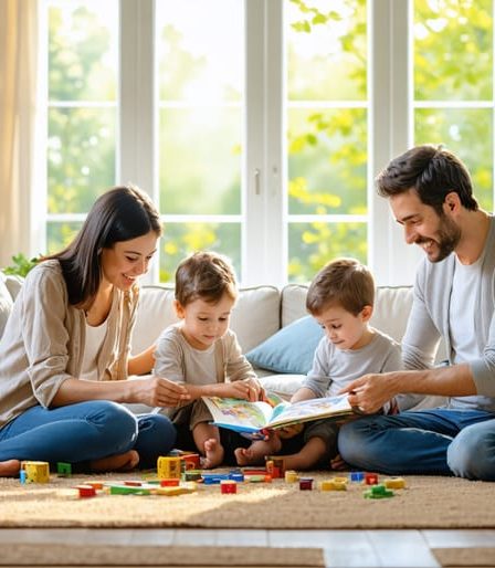 A family gathered in their living room, sharing a bonding moment over a book or board game, embodying mindful parenting and a harmonious family environment.