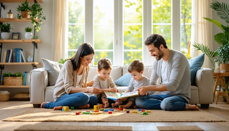 A family gathered in their living room, sharing a bonding moment over a book or board game, embodying mindful parenting and a harmonious family environment.