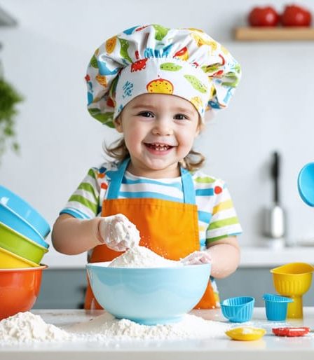 Six-year-old child wearing a colorful chef's hat and apron, happily measuring flour into a bowl with bright, child-friendly kitchen tools around.