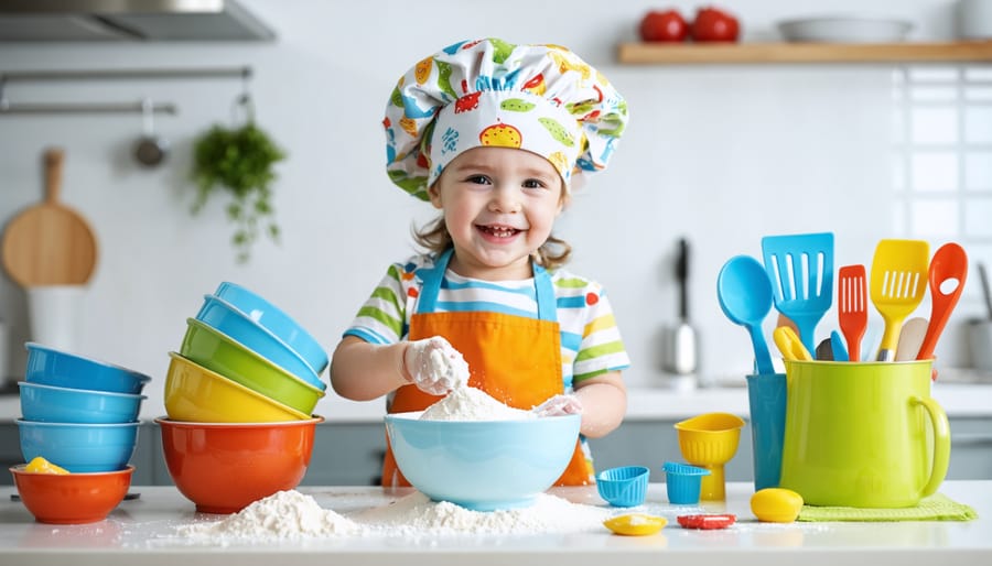 Six-year-old child wearing a colorful chef's hat and apron, happily measuring flour into a bowl with bright, child-friendly kitchen tools around.
