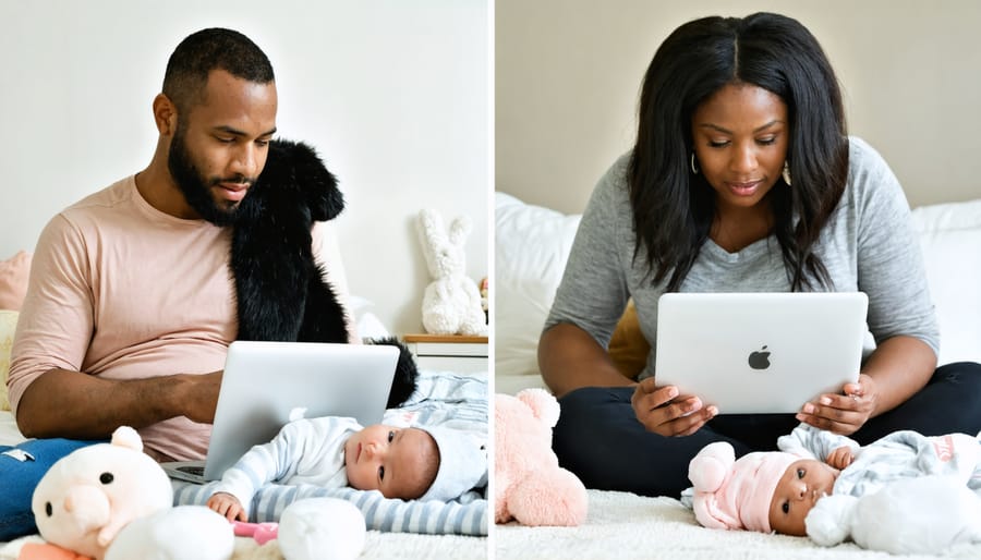 Expectant parents preparing for baby using both digital and traditional methods