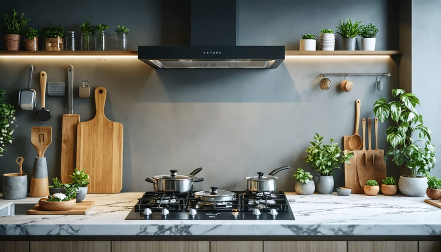 Contemporary kitchen design showcasing an integrated ventless cooking system above the stovetop