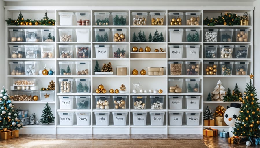 Clear storage containers labeled by month containing organized holiday decorations