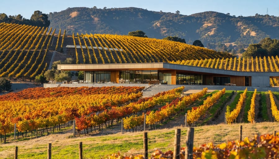 Contemporary Napa Valley winery building with glass walls reflecting vineyard landscape