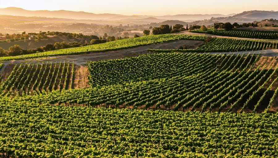 Scenic aerial view of Napa Valley vineyards with golden sunlight illuminating rows of grapevines against rolling hills