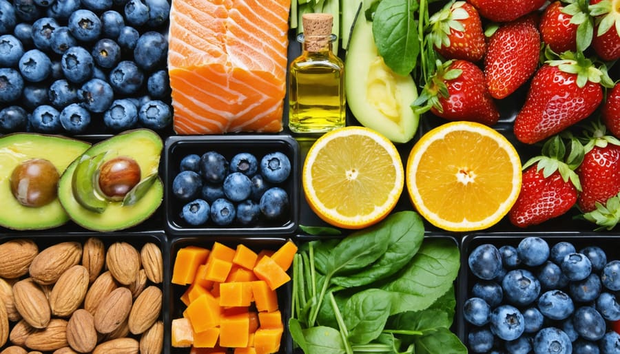 Colorful collage of skin-benefiting foods including salmon, berries, leafy greens, citrus fruits, nuts, seeds, and olive oil, illustrating the concept of feeding the skin from within for a natural glow.