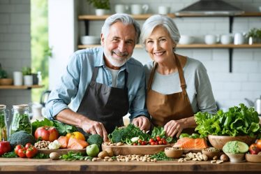 A smiling senior couple preparing a healthy meal together, surrounded by an assortment of colorful, nutrient-rich foods including leafy greens, salmon, nuts, and fresh fruits, symbolizing nourishment and care.