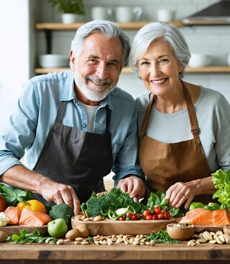 A smiling senior couple preparing a healthy meal together, surrounded by an assortment of colorful, nutrient-rich foods including leafy greens, salmon, nuts, and fresh fruits, symbolizing nourishment and care.