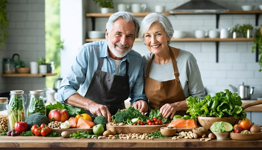 A smiling senior couple preparing a healthy meal together, surrounded by an assortment of colorful, nutrient-rich foods including leafy greens, salmon, nuts, and fresh fruits, symbolizing nourishment and care.