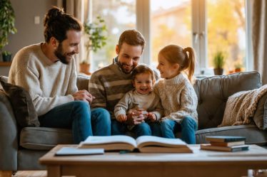 Family of four sitting together in their living room, actively listening and engaging in meaningful conversation to strengthen their bonds.