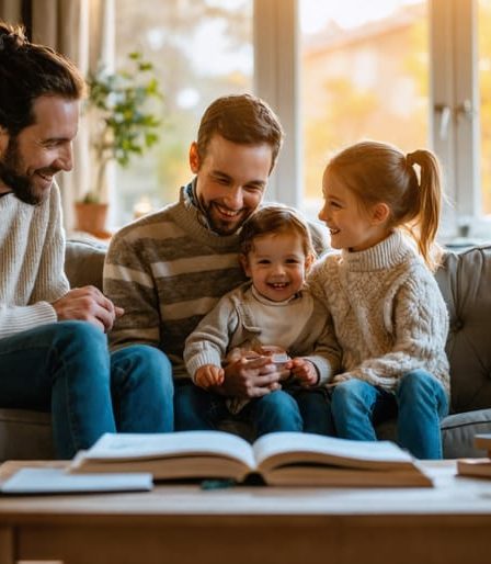 Family of four sitting together in their living room, actively listening and engaging in meaningful conversation to strengthen their bonds.