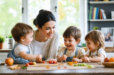 A mother engaging warmly with her three children at a kitchen table, highlighting a nurturing atmosphere of growth and family bonding.