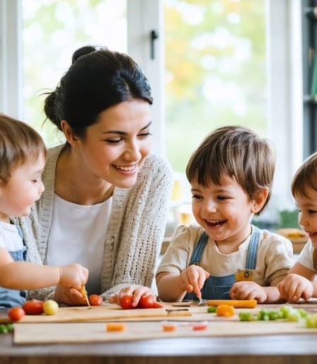 A mother engaging warmly with her three children at a kitchen table, highlighting a nurturing atmosphere of growth and family bonding.