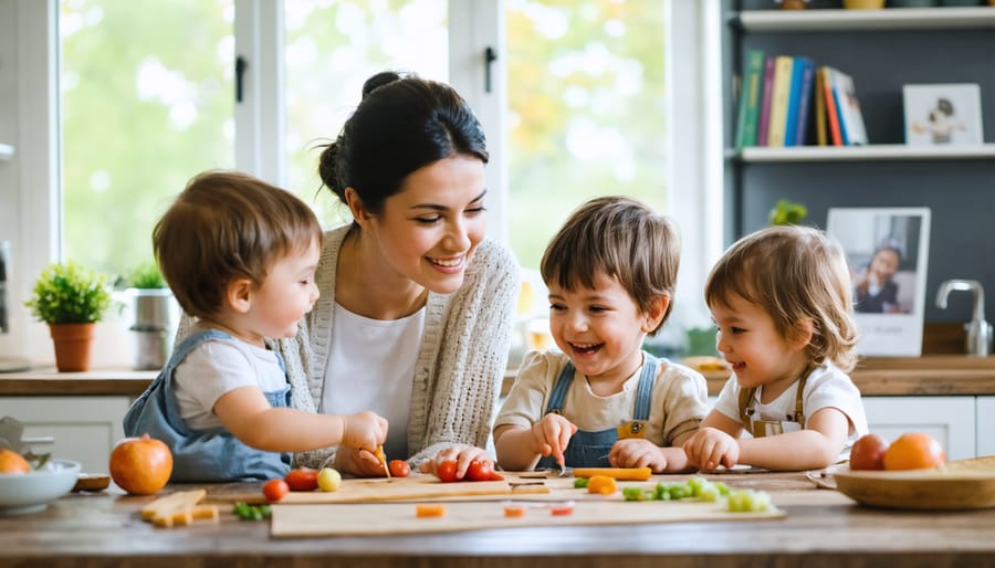 A mother engaging warmly with her three children at a kitchen table, highlighting a nurturing atmosphere of growth and family bonding.