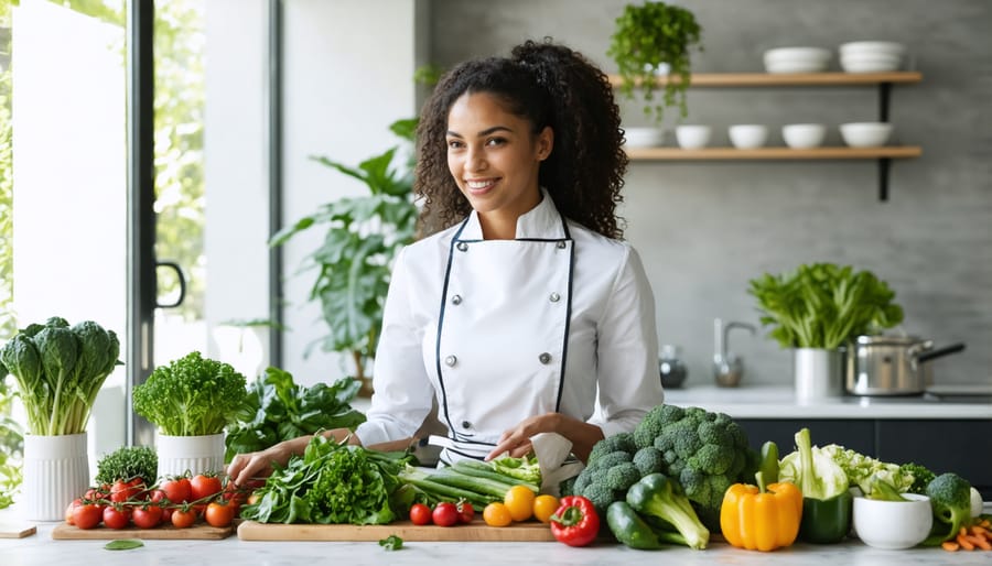 Plant-based nutritionist explaining nutrition concepts to a client while surrounded by fresh vegetables and legumes