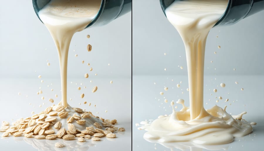 Oat milk and dairy milk being poured simultaneously, demonstrating comparable consistency and color