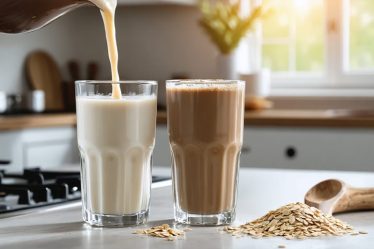 Oat milk and dairy milk being poured side by side into glasses, showcasing their similar creamy texture and color in a warm kitchen setting.