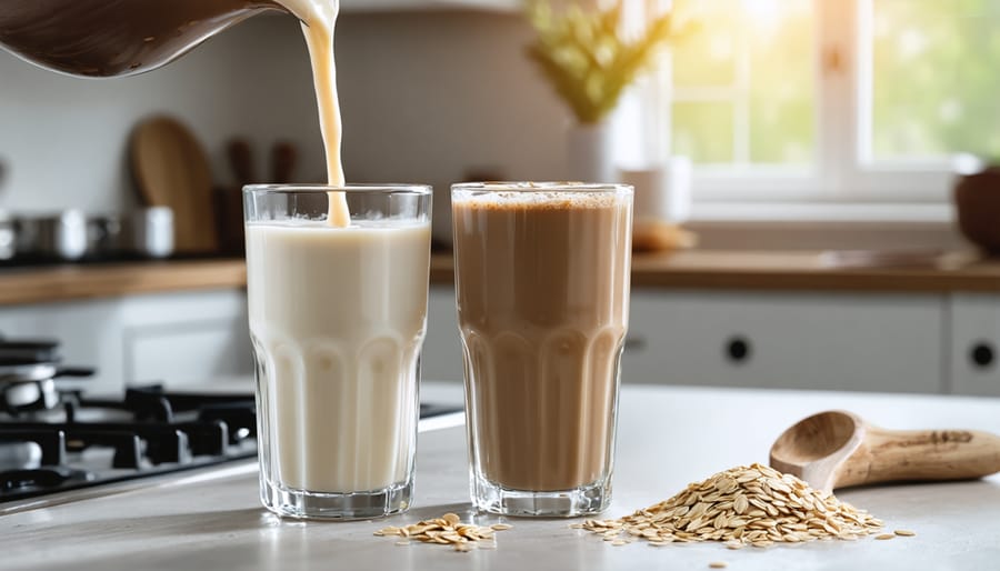 Oat milk and dairy milk being poured side by side into glasses, showcasing their similar creamy texture and color in a warm kitchen setting.