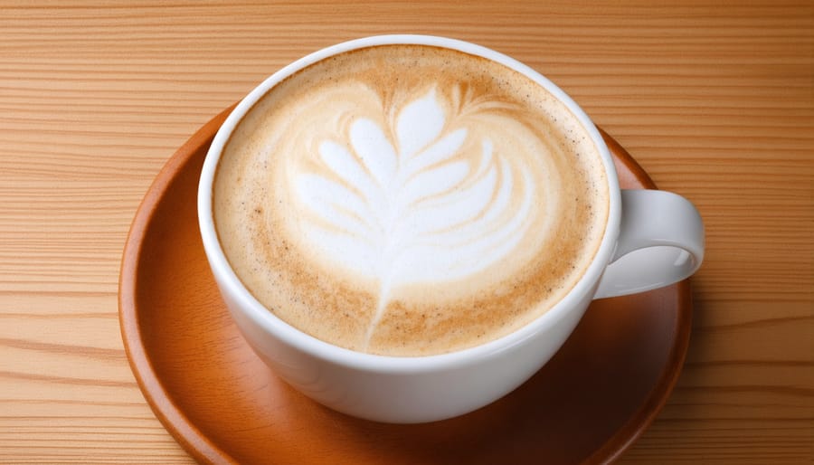 Barista creating intricate latte art using steamed oat milk in coffee