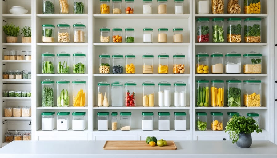 Organized pantry shelves with labeled storage containers of pasta, grains, and cooking essentials