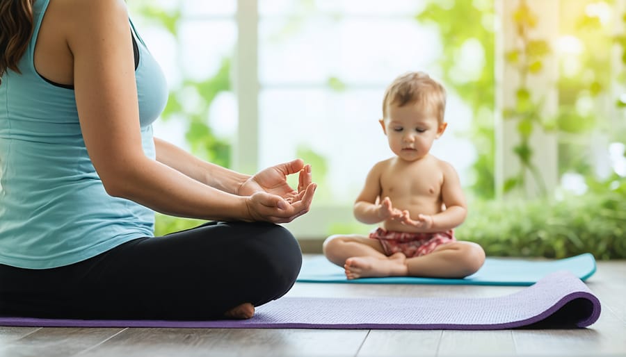 Mother doing yoga exercises as child plays contentedly in background