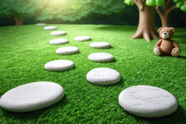 A visual representation of the parenting journey depicted as a path with six distinct stages, combining elements of digital tools and traditional symbols to illustrate the growth and adaptation involved in modern parenthood.
