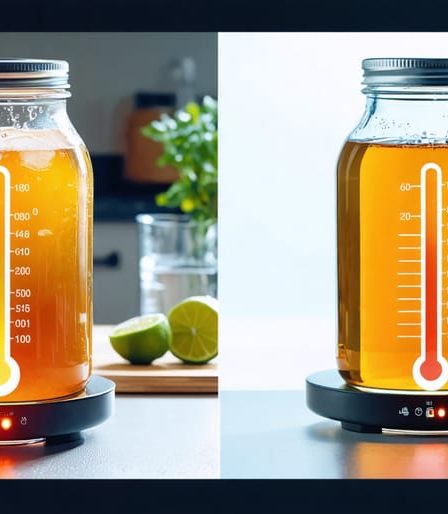 Split-screen illustration of active and inactive fermentation in kombucha jars, demonstrating the impact of optimal versus suboptimal temperatures on fermentation activity in a kitchen setting.