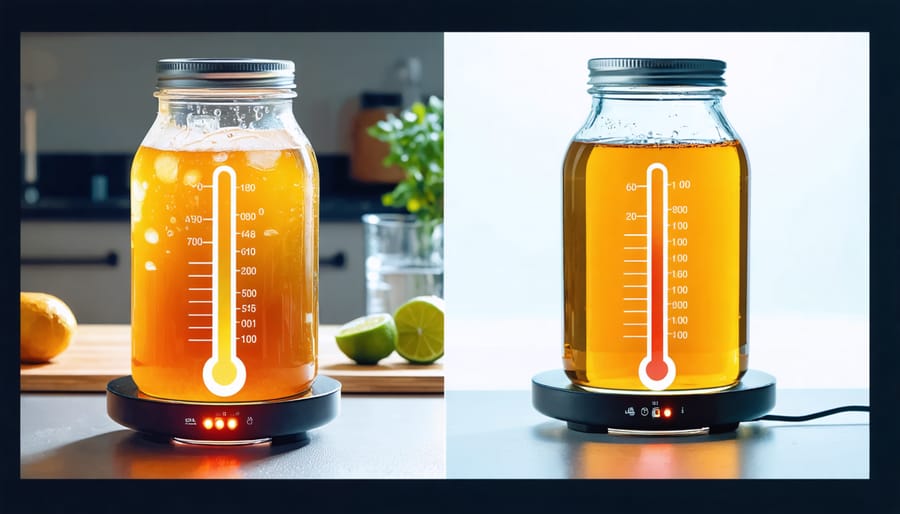 Split-screen illustration of active and inactive fermentation in kombucha jars, demonstrating the impact of optimal versus suboptimal temperatures on fermentation activity in a kitchen setting.