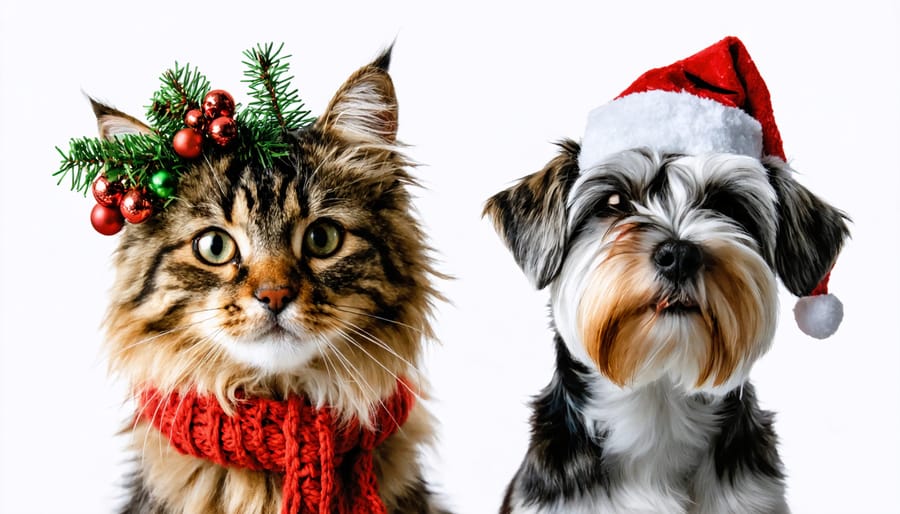 A cat and dog in matching holiday scarves sitting together by a fireplace