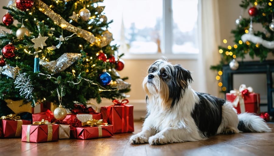 A Golden Retriever sitting safely beside a Christmas tree decorated with pet-friendly ornaments