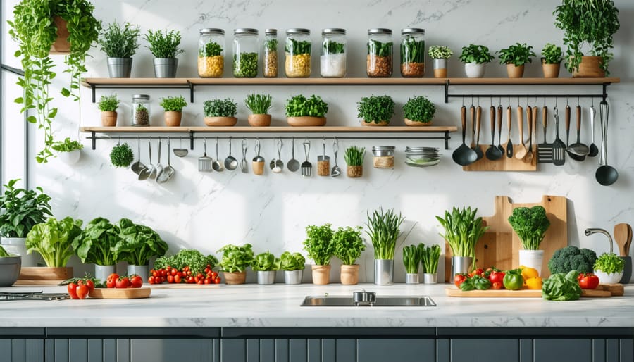 Well-organized kitchen counter displaying plant-based pantry staples, cooking tools, and fresh produce