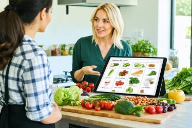 A plant-based nutritionist guides a client through a personalized meal prep in a contemporary kitchen, with a colorful arrangement of fresh produce and legumes on the countertop.