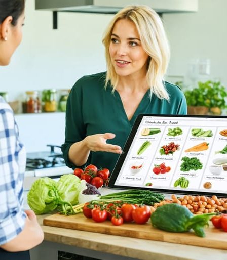 A plant-based nutritionist guides a client through a personalized meal prep in a contemporary kitchen, with a colorful arrangement of fresh produce and legumes on the countertop.