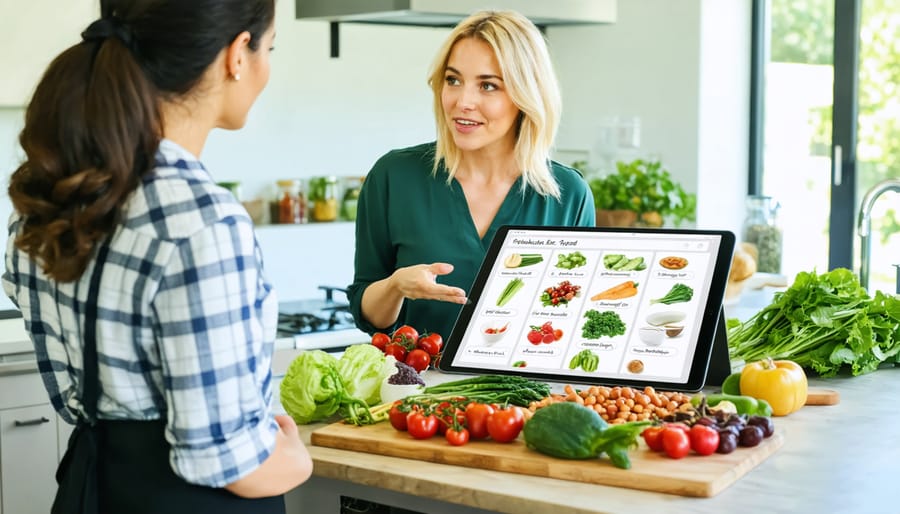 A plant-based nutritionist guides a client through a personalized meal prep in a contemporary kitchen, with a colorful arrangement of fresh produce and legumes on the countertop.