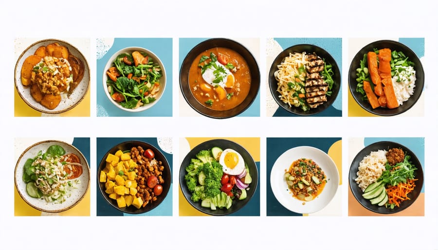 Various colorful plant-based meals featuring high-protein ingredients like quinoa, lentils, tofu, and tempeh