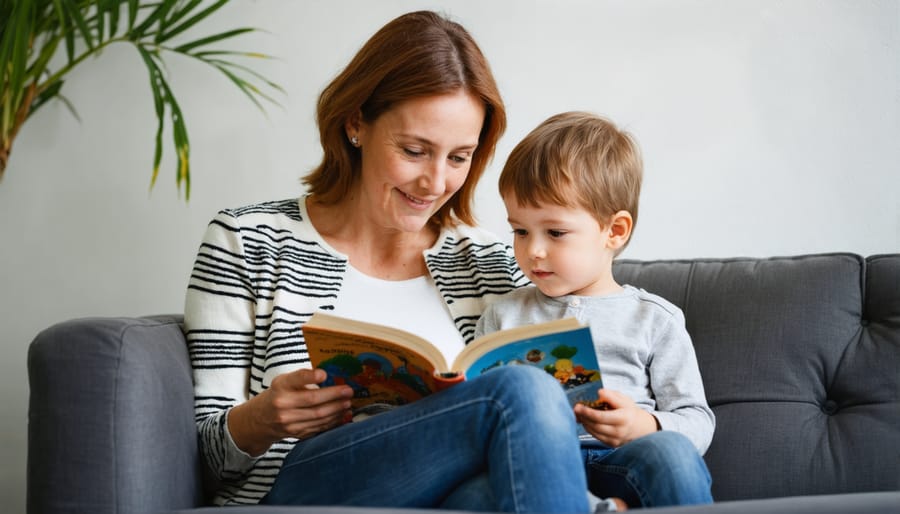Parent and young child sitting together on a couch, engaged in reading during a positive discipline moment
