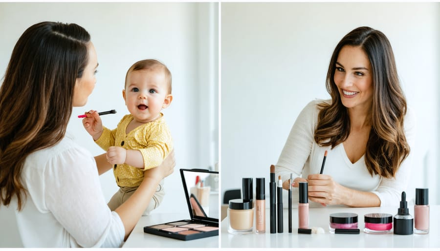 Mother multitasking morning beauty routine while caring for baby