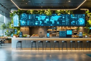 Conceptual image showcasing a futuristic restaurant with digital ordering systems, mobile payments, and eco-friendly design elements, representing the innovation and transformation in restaurant franchising.