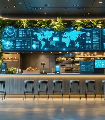 Conceptual image showcasing a futuristic restaurant with digital ordering systems, mobile payments, and eco-friendly design elements, representing the innovation and transformation in restaurant franchising.