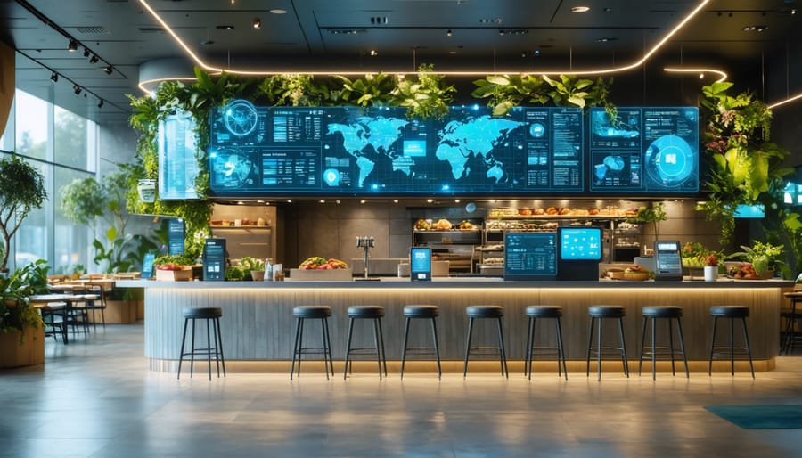 Conceptual image showcasing a futuristic restaurant with digital ordering systems, mobile payments, and eco-friendly design elements, representing the innovation and transformation in restaurant franchising.