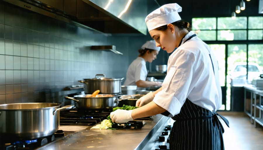 Modern commercial kitchen setup with stainless steel equipment and professional chefs
